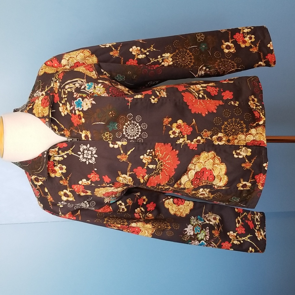 Chico's Asian Inspired Brown Floral Zip Up Utility Jacket Blazer - Size 2 / L